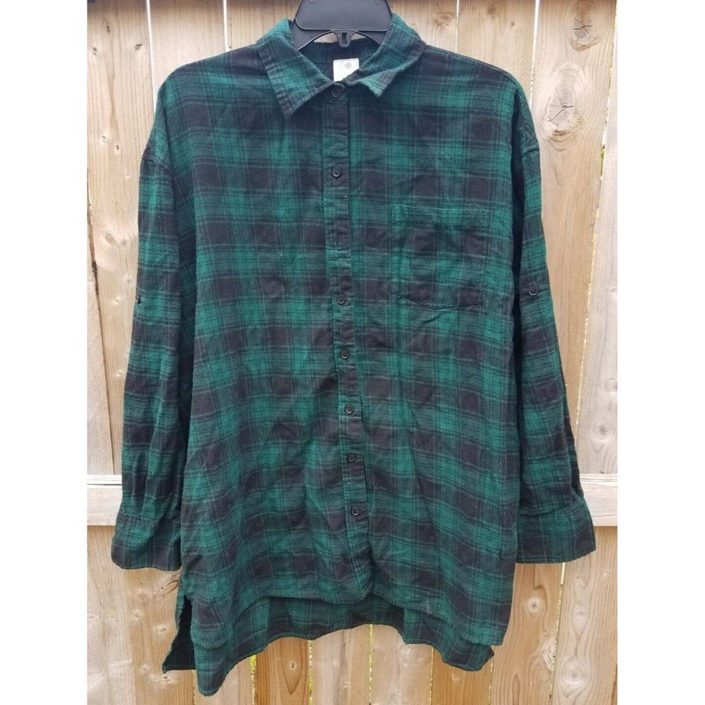 Button Down Flannel Shirt Long Sleeve Black & Green Plaid Medium